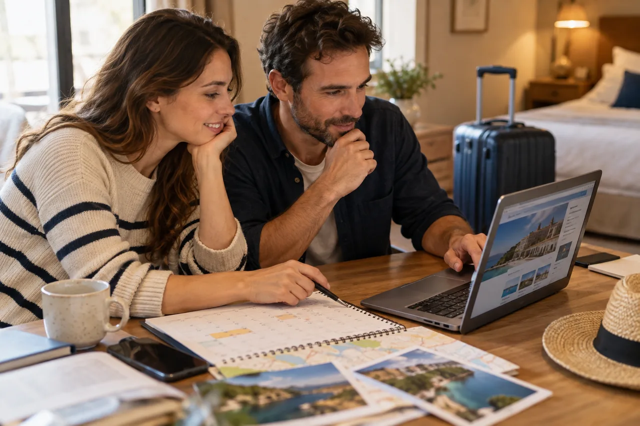 Couple planning a stay in advance with a calendar and laptop