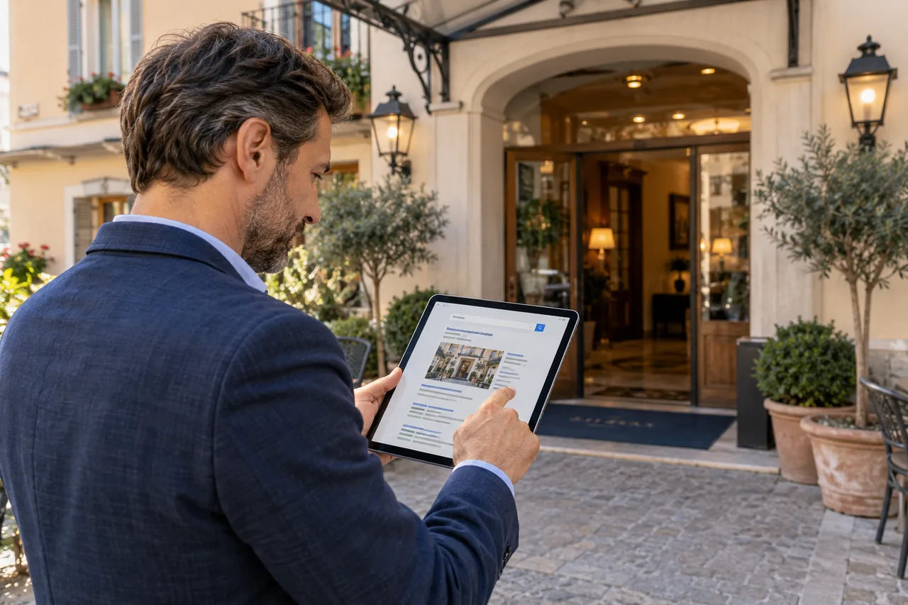 Hotel owner checking an advertisement for their property