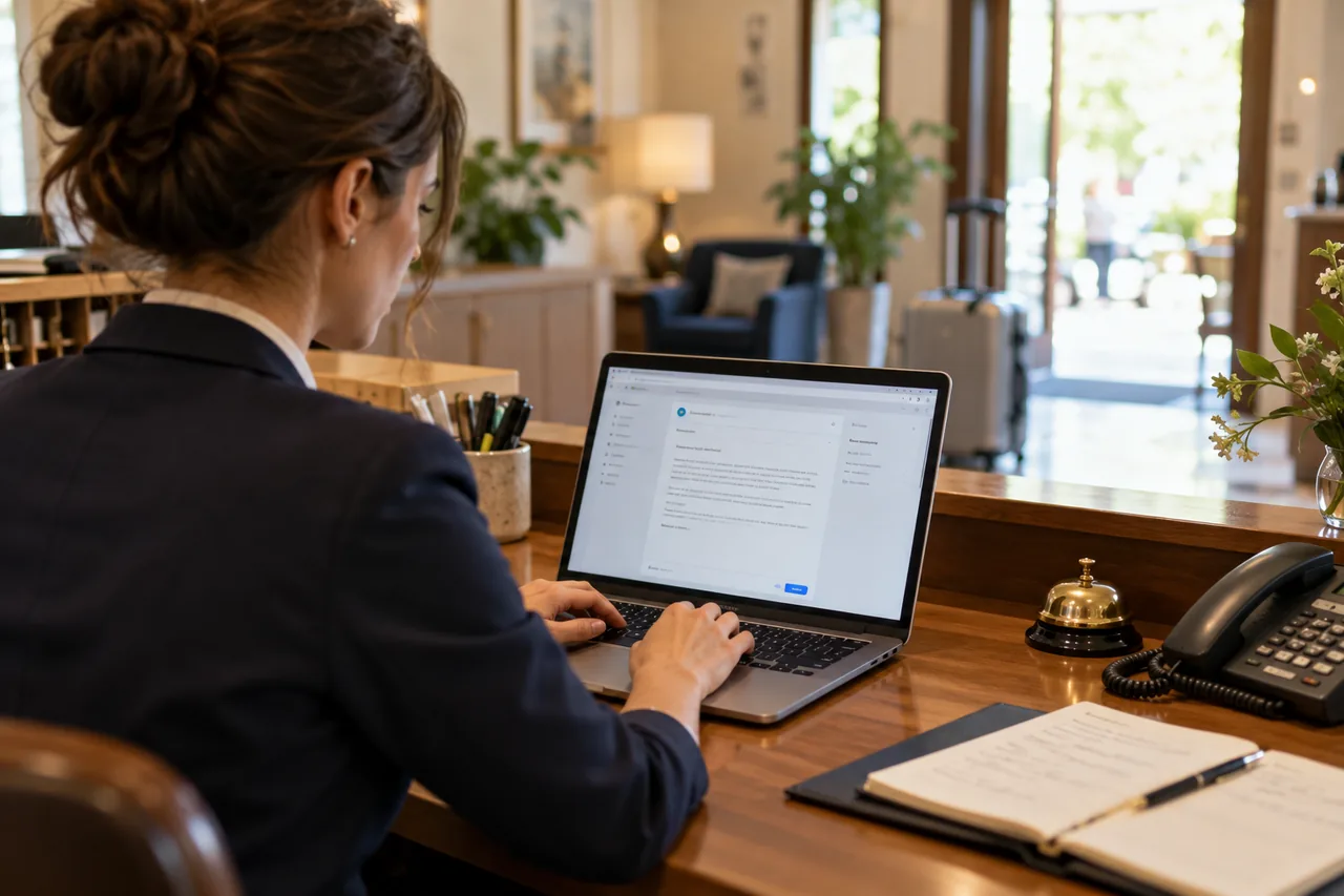 Hotel employee preparing a reply with an AI assistant