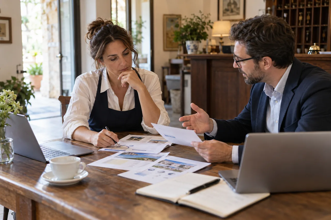 Hotel owner comparing agency proposals during a meeting
