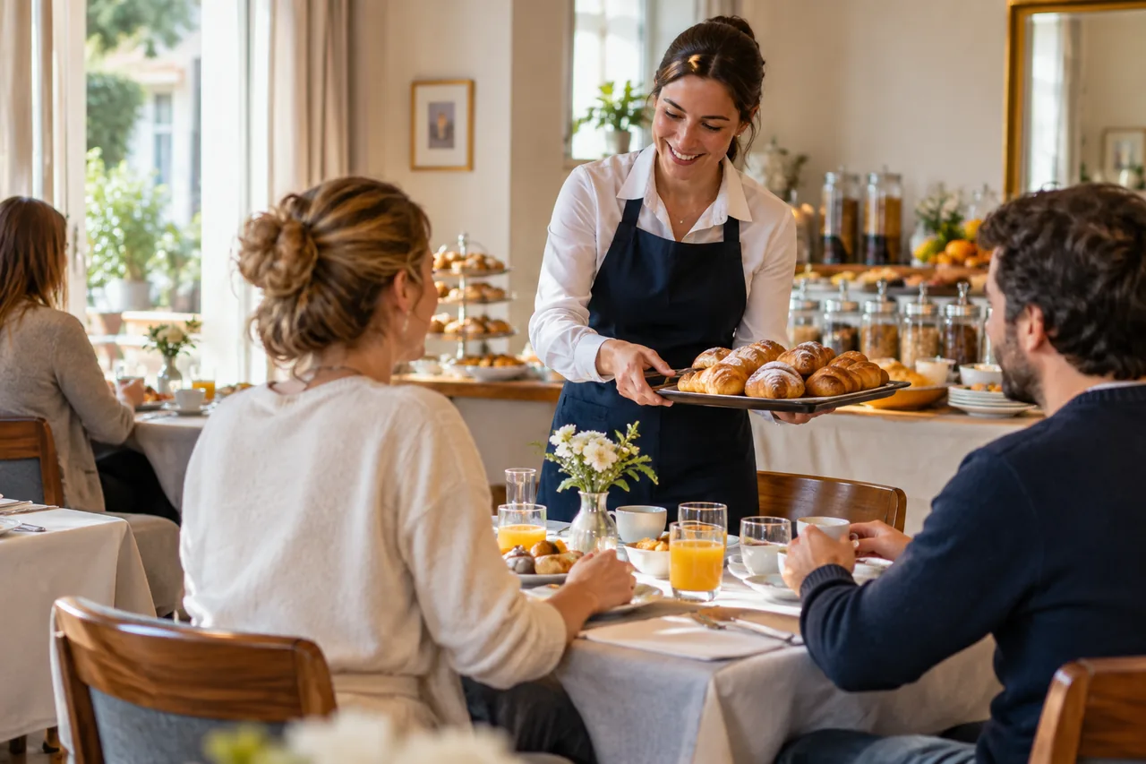 Hotel breakfast service with attentive staff and neatly set tables