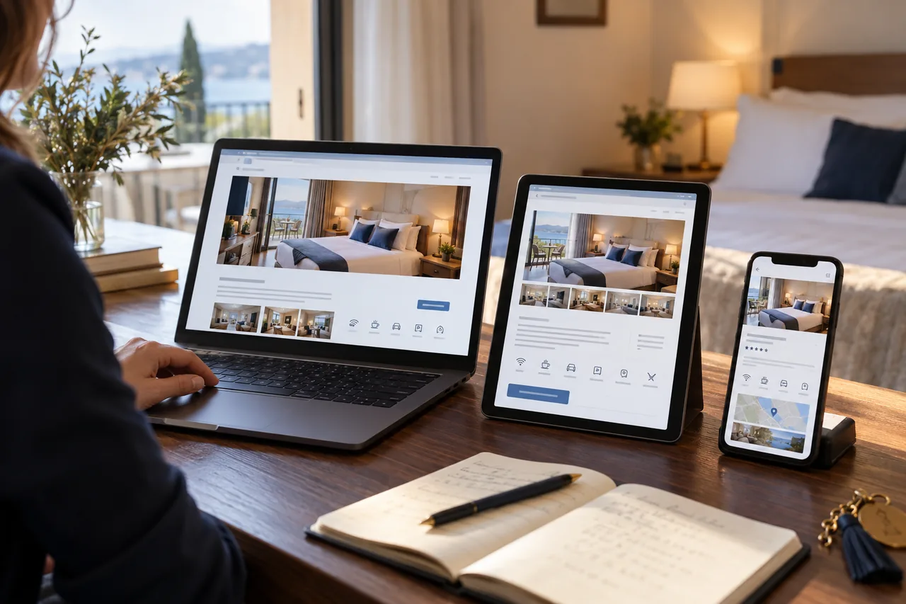 Three devices displaying consistent information about one hotel