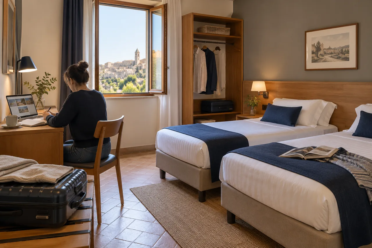 Hotel room clearly showing beds, a desk and luggage space