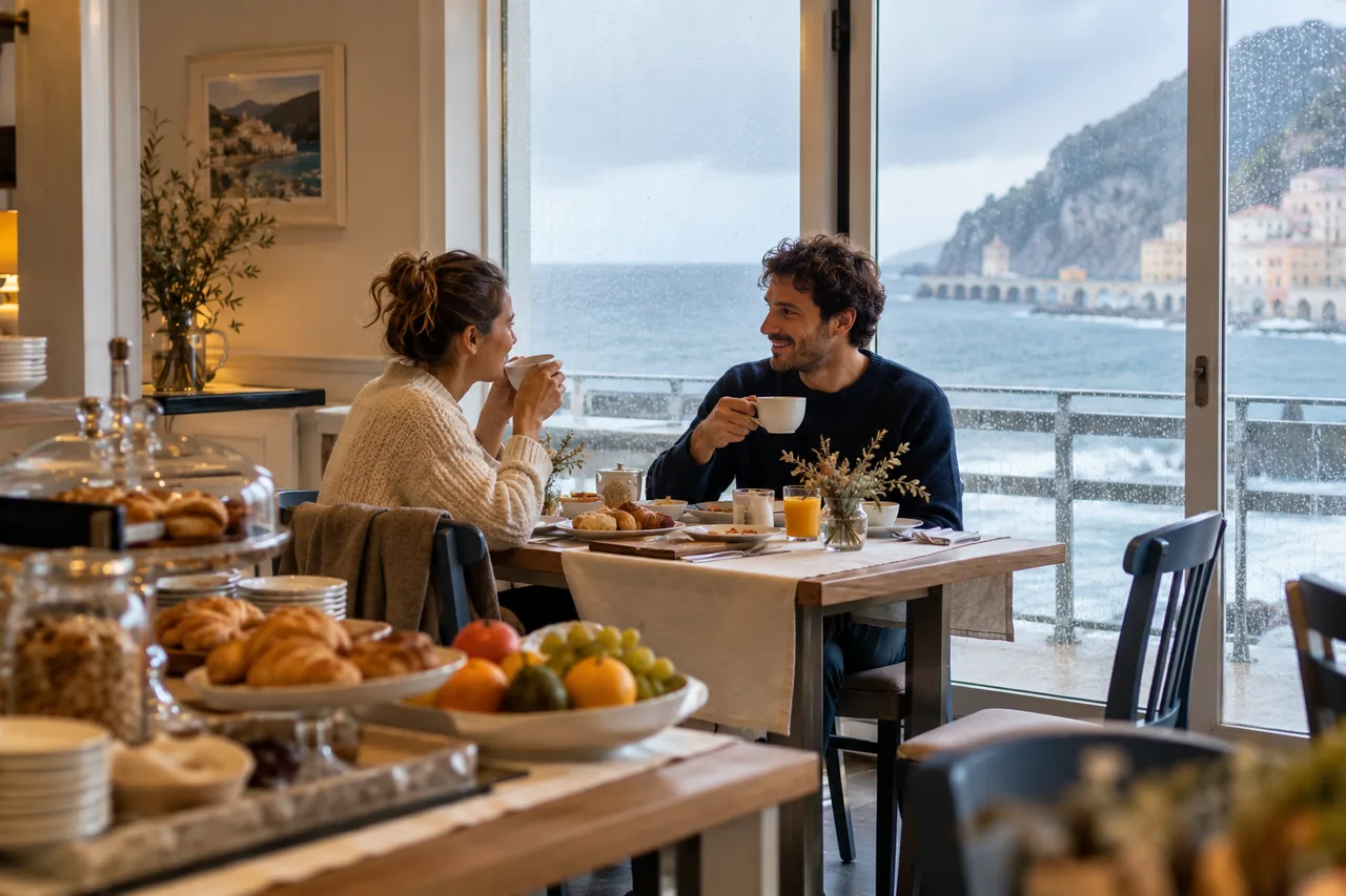 Couple having breakfast at a small hotel in low season
