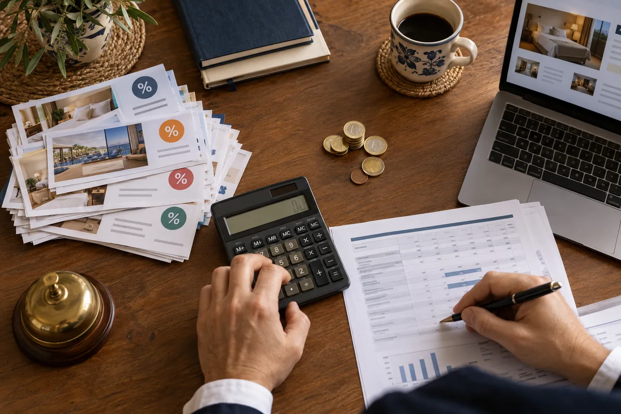 Discount vouchers, coins and calculator for checking hotel margins