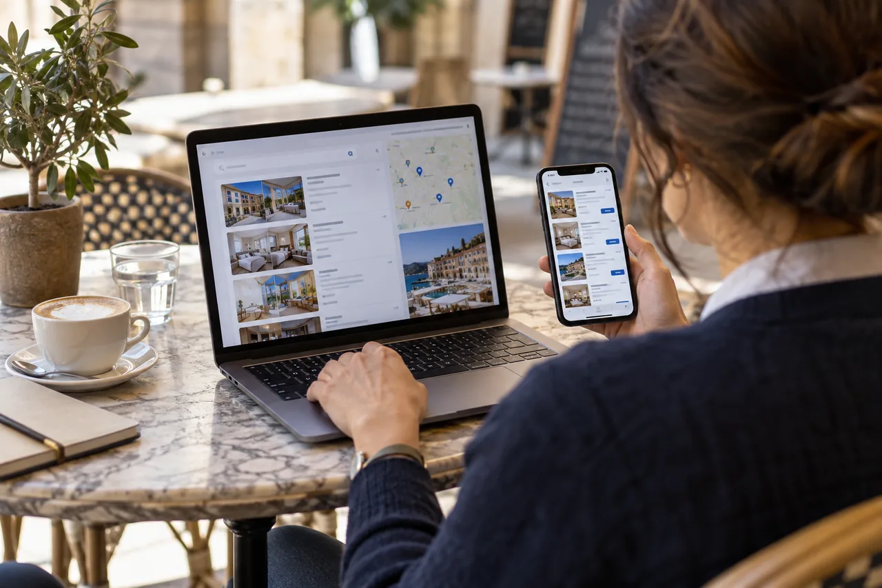 Traveller comparing booking websites on a computer and phone