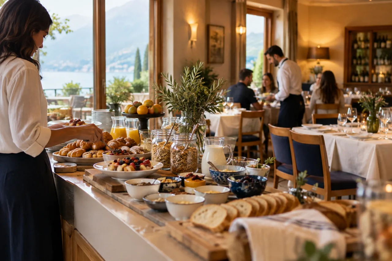 Breakfast buffet and tables prepared for dinner at a hotel
