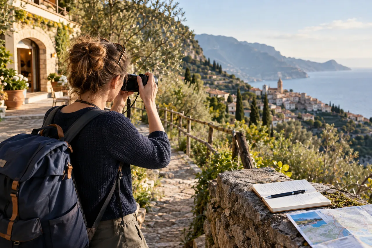 Blog writer documenting a route near a hotel