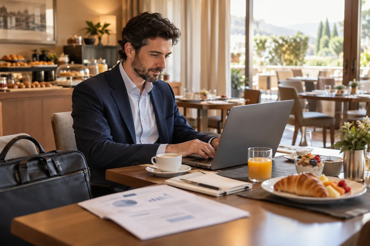 Business guest working on a laptop during a weekday stay