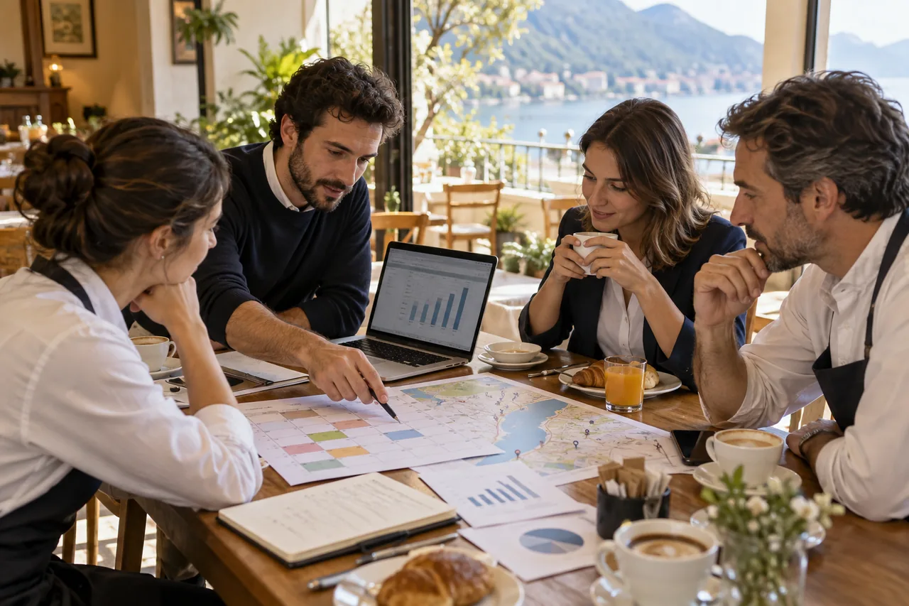 Hotel team planning a new season with a calendar, data and events map