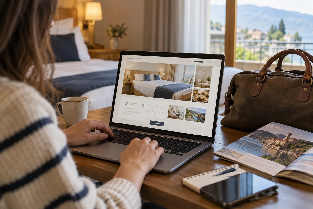 Hotel offer page on a laptop beside a travel bag