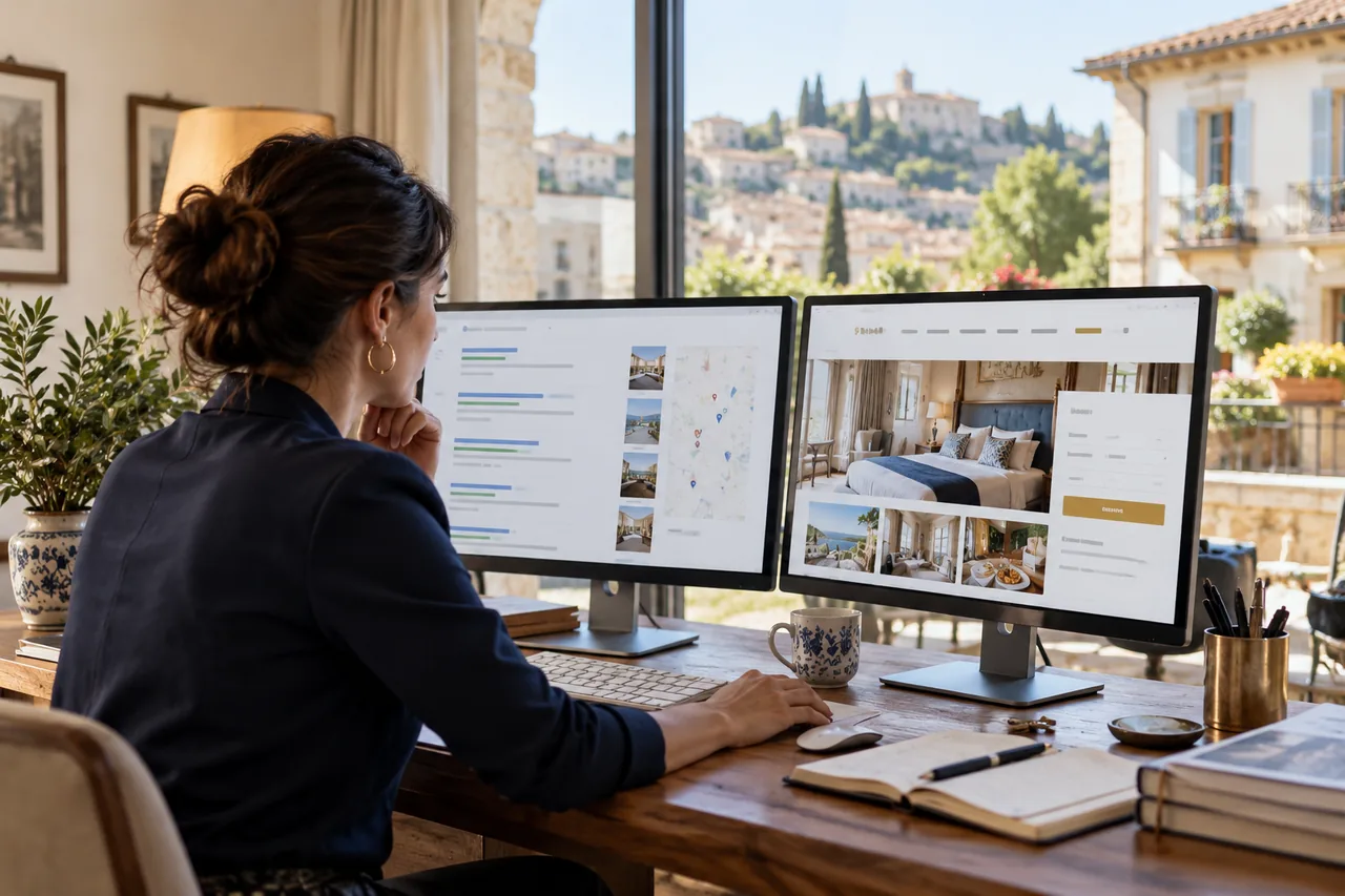 Two monitors displaying search results and a hotel website