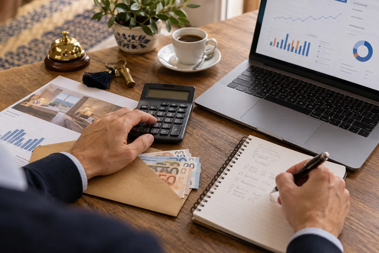 Calculator and budget beside an advertising spend chart
