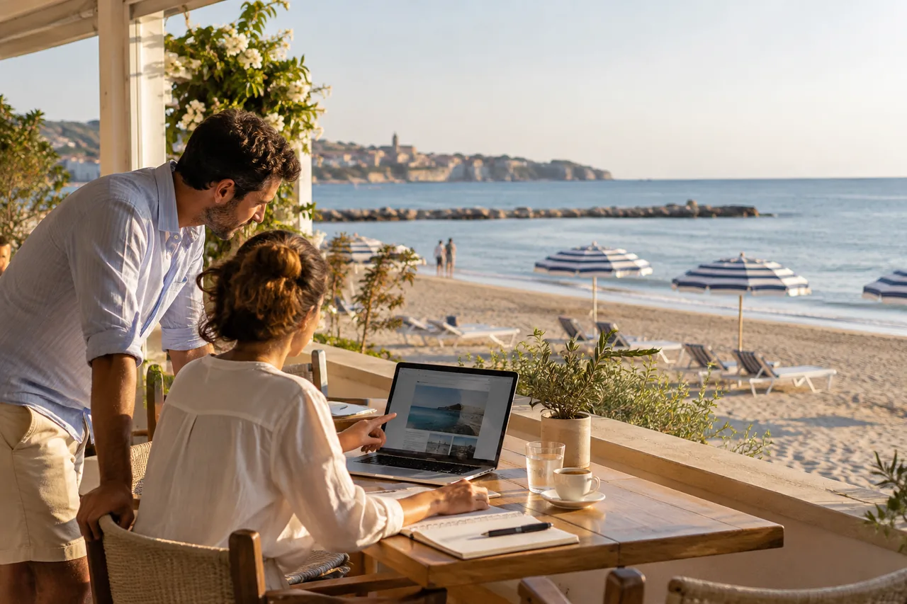 Quiet beach and hotel terrace on the Adriatic coast
