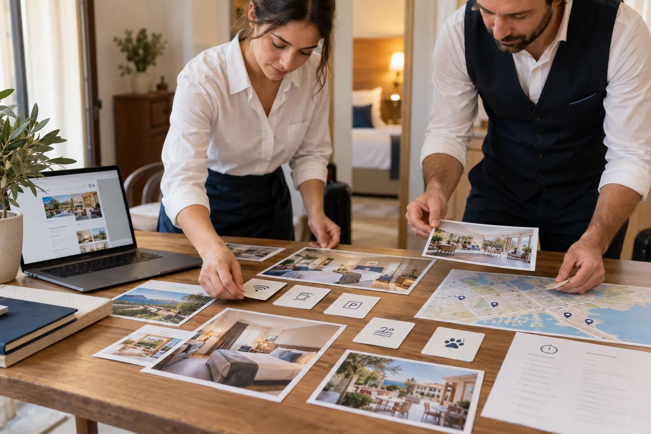 Amenity cards, photographs and a map for accurately describing a hotel