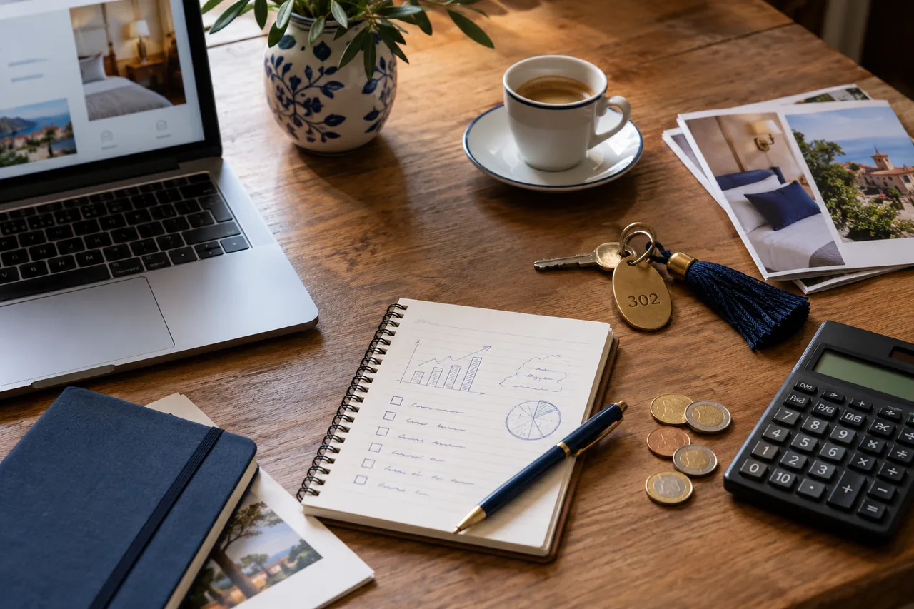 Calculator, coins and notebook for planning a marketing budget