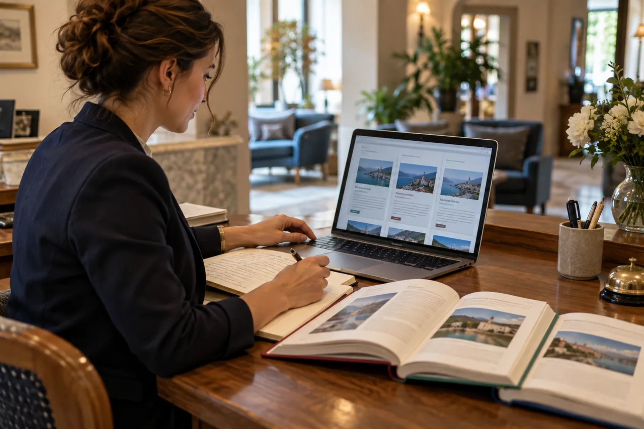 Receptionist working on translations for the hotel website