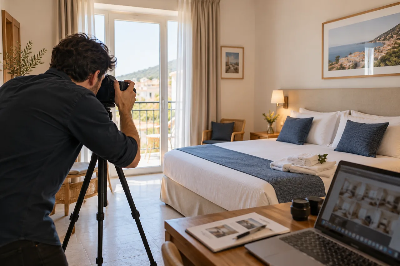 Photographer with a tripod preparing a hotel room photograph