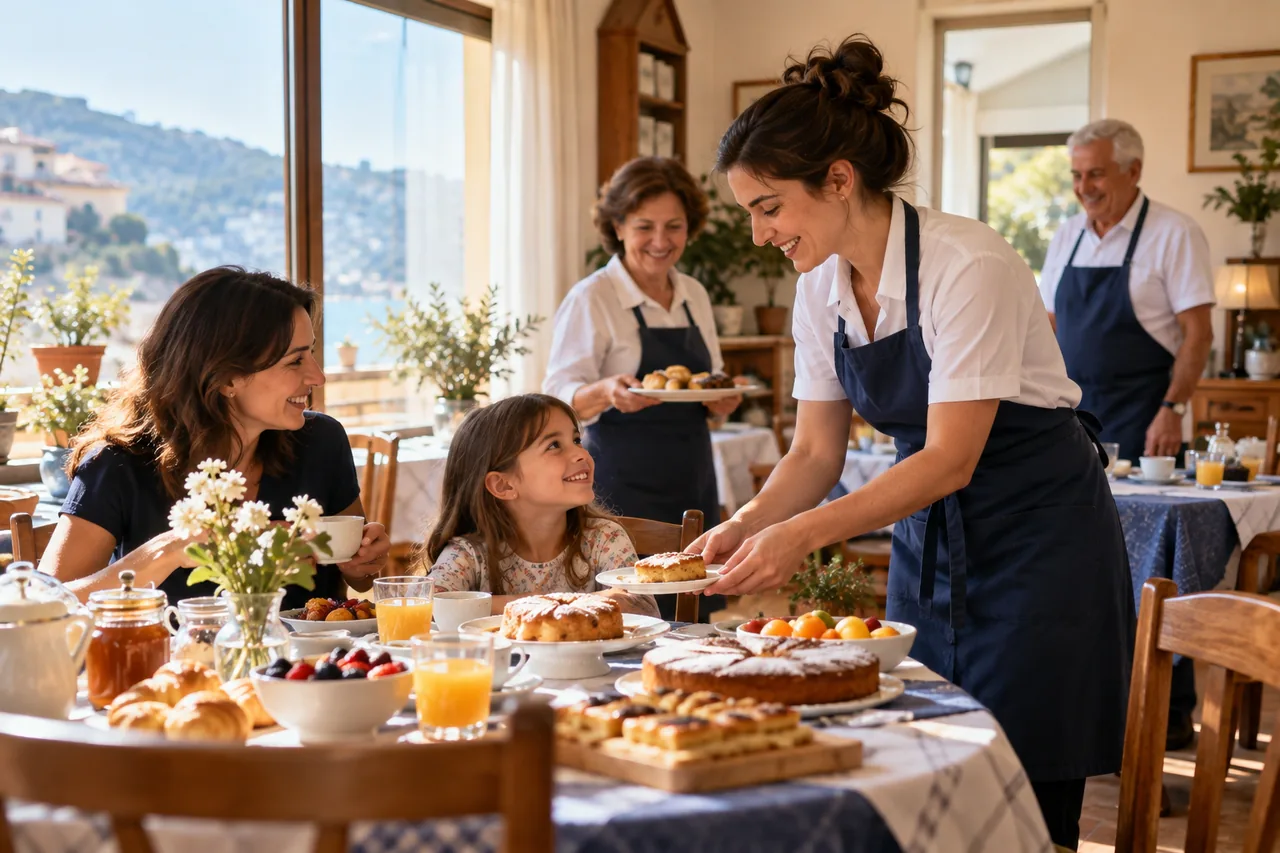 Family serving breakfast to guests at their hotel