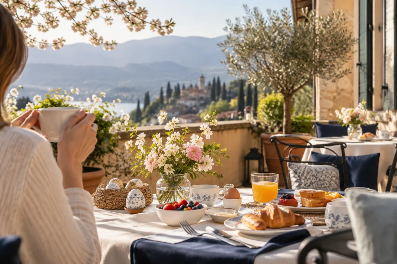 Spring terrace breakfast with subtle Easter details