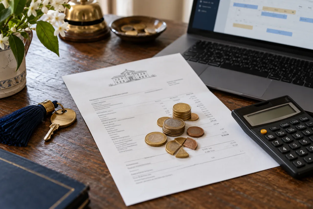 Invoice, coins and calculator for assessing booking costs