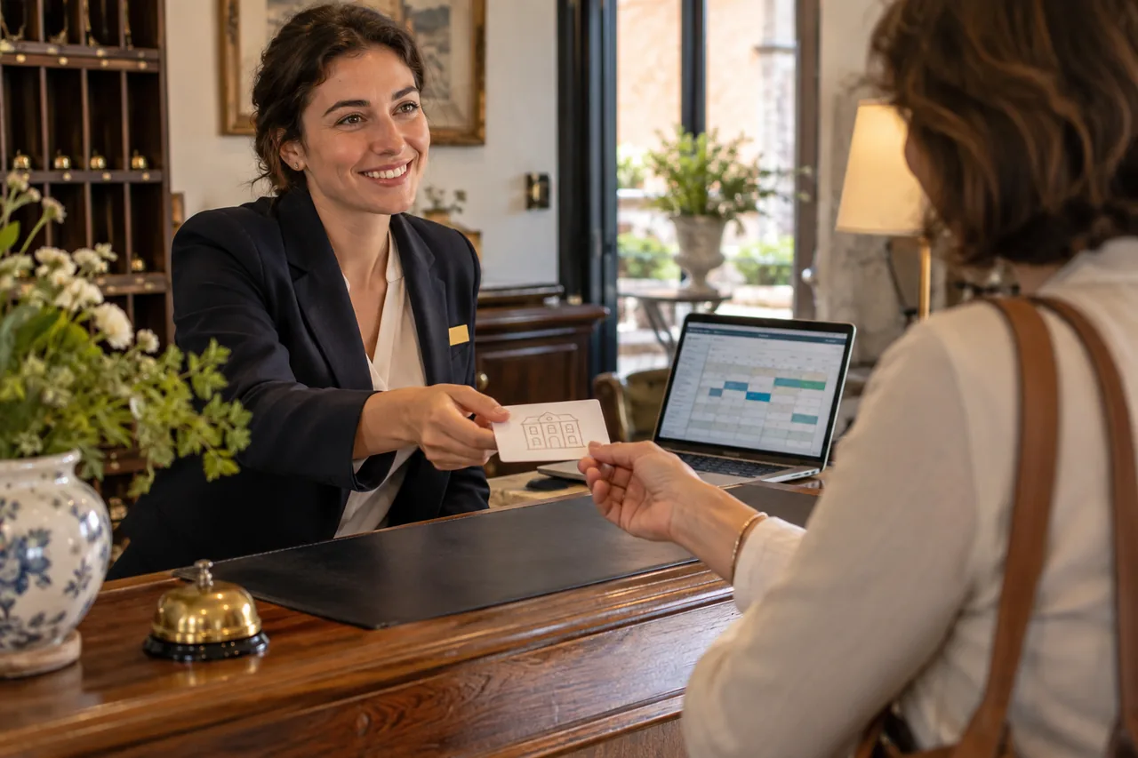 Receptionist handing a guest a direct booking card