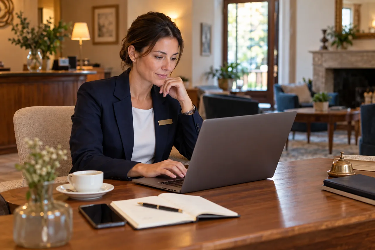 Hotel owner preparing a professional reply to a critical review