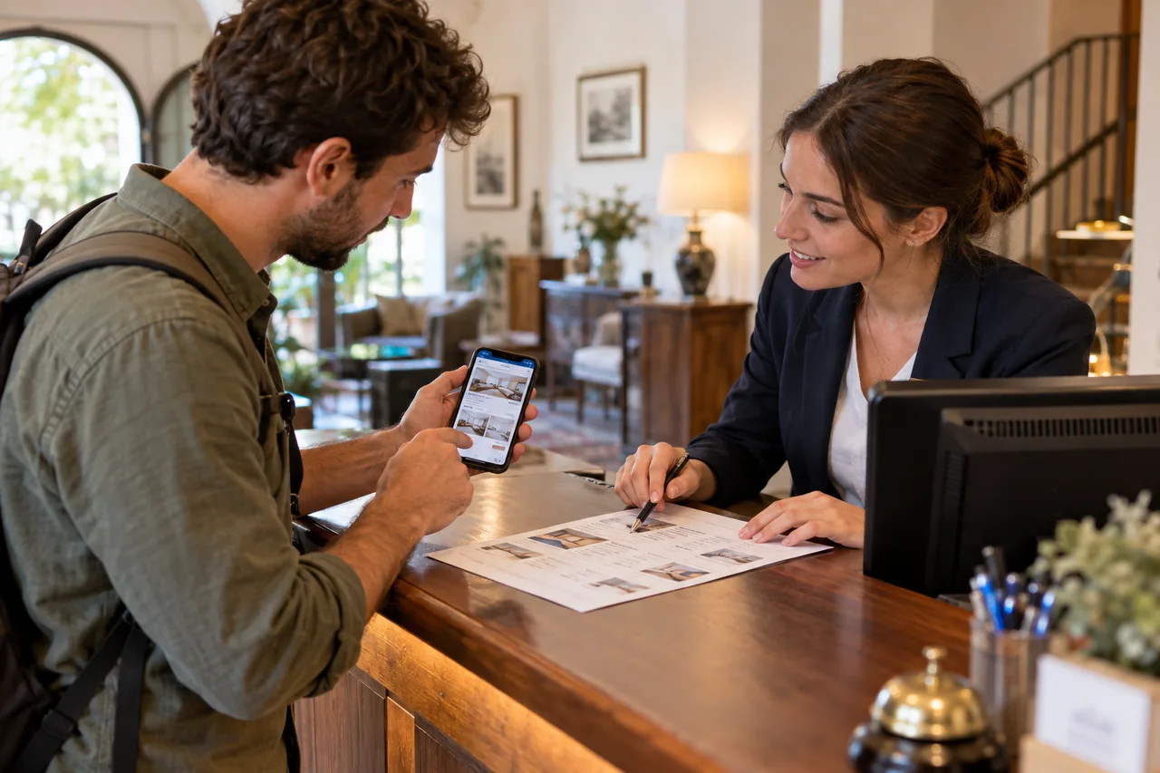 Guest and receptionist comparing a rate shown on a phone