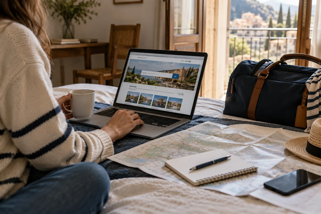 Traveller researching a hotel with a laptop, map and luggage