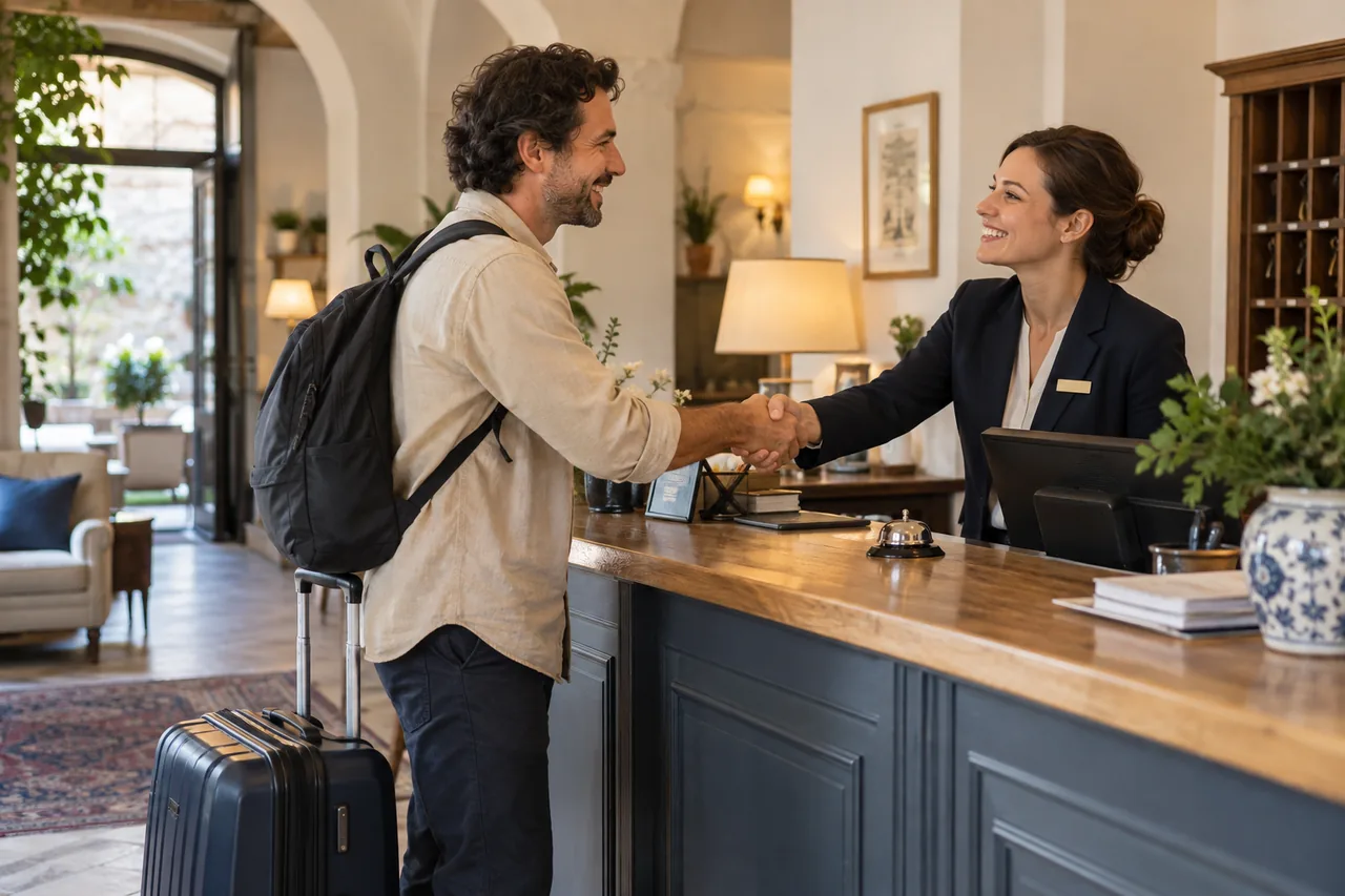 Receptionist warmly greeting a returning guest