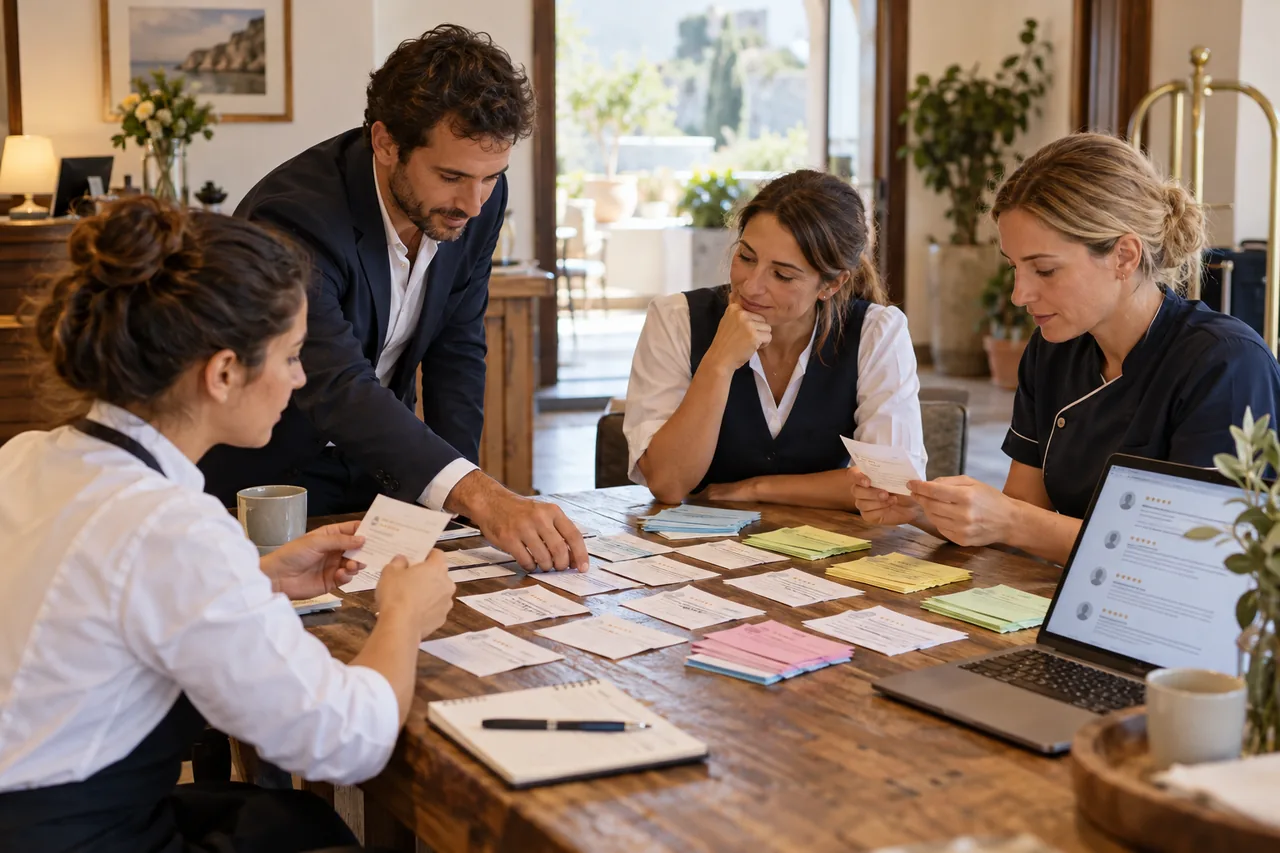 Hotel team organising guest reviews by topic
