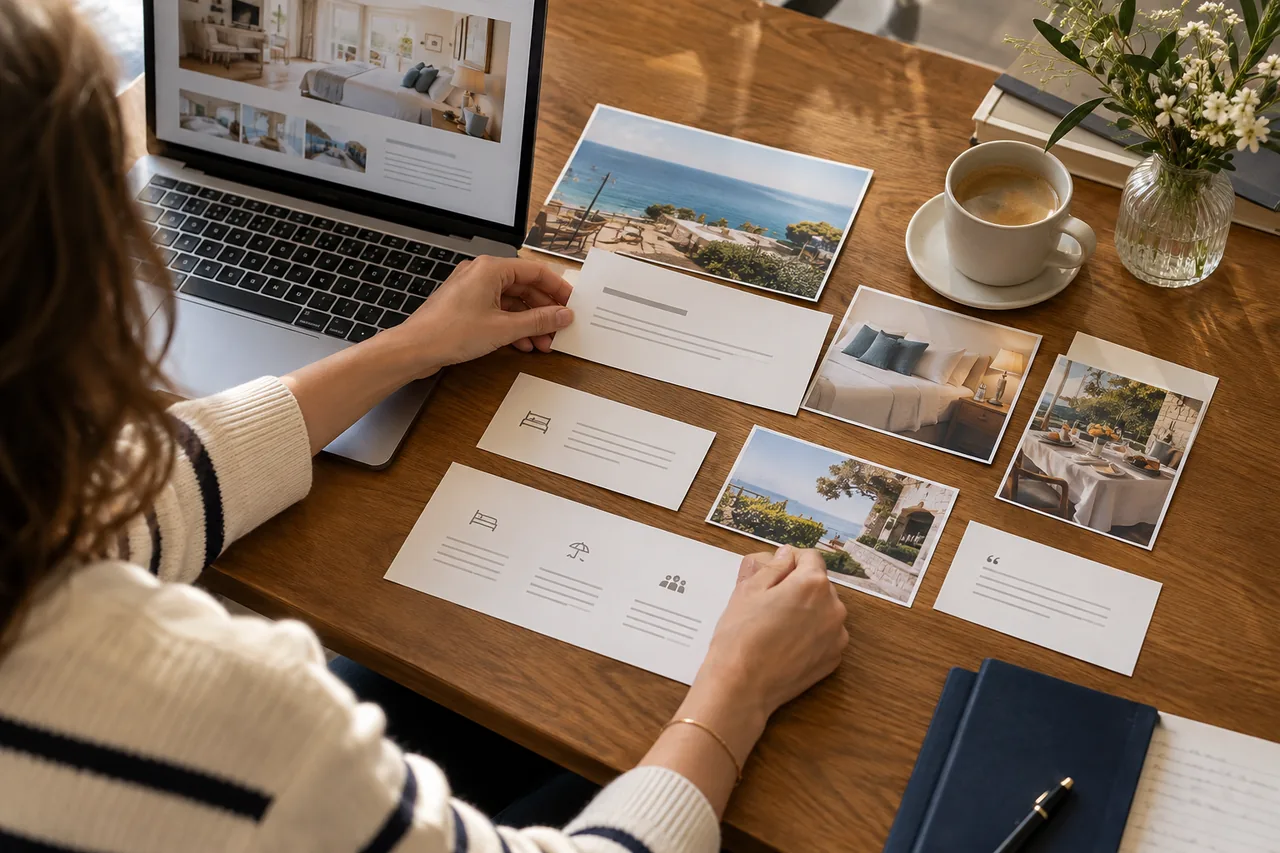 Copy and photographs arranged to plan a hotel homepage