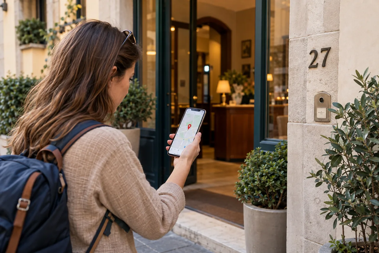 Traveller checking a hotel's location on a map