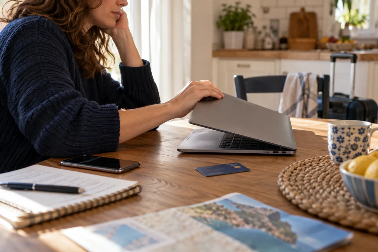 Traveller closing a laptop after abandoning a booking