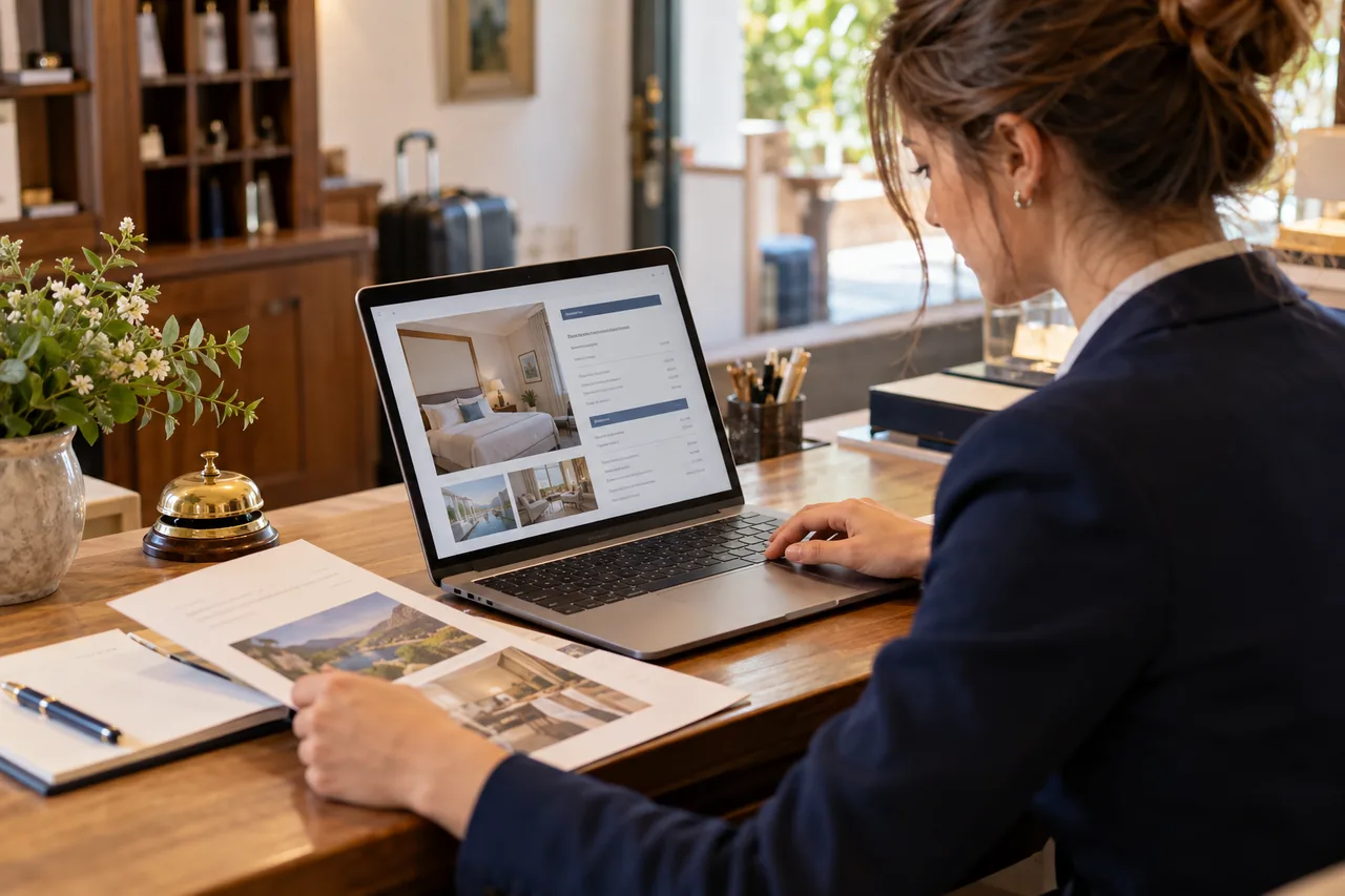 Receptionist preparing a quote with a room photo and details